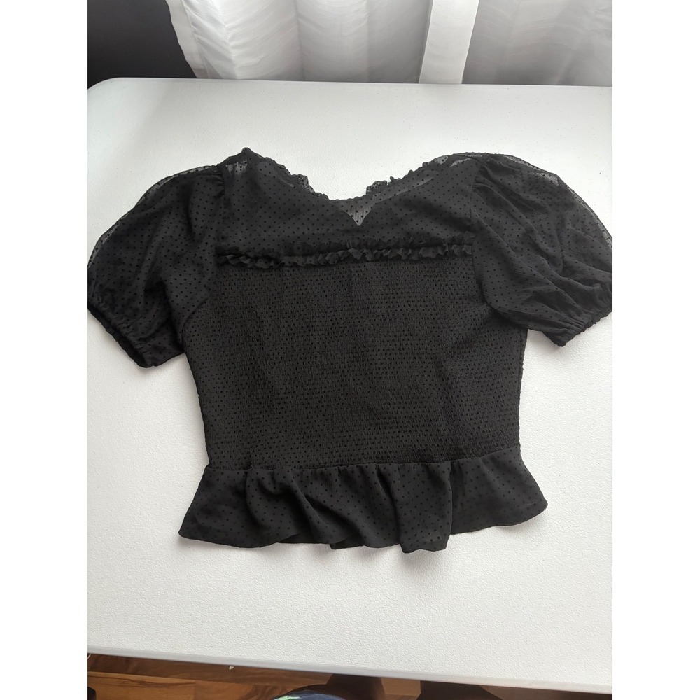 Express Smocked Peplum Top Swiss Dot Ruffle Trim Puff Sleeve Black‎ L